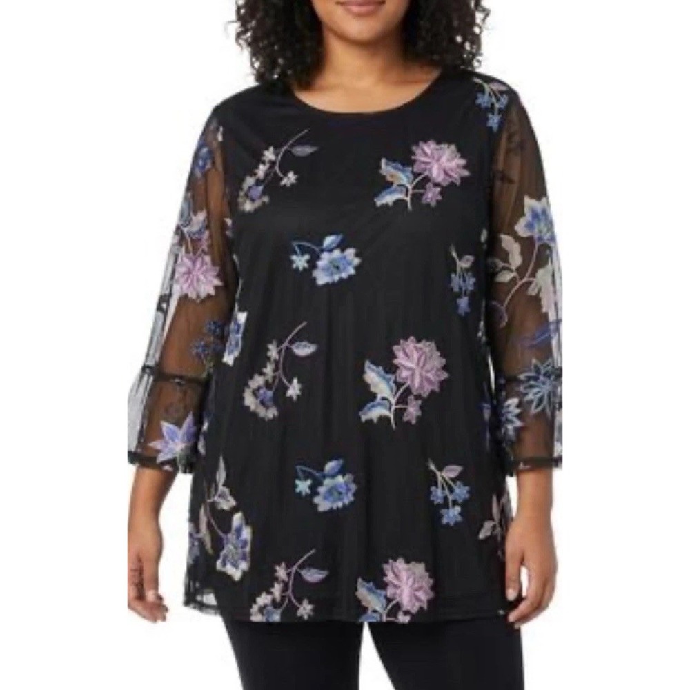 Catherines Blouse Black Plus Lace Floral Embroidered Whimsical Fairy Size 0X